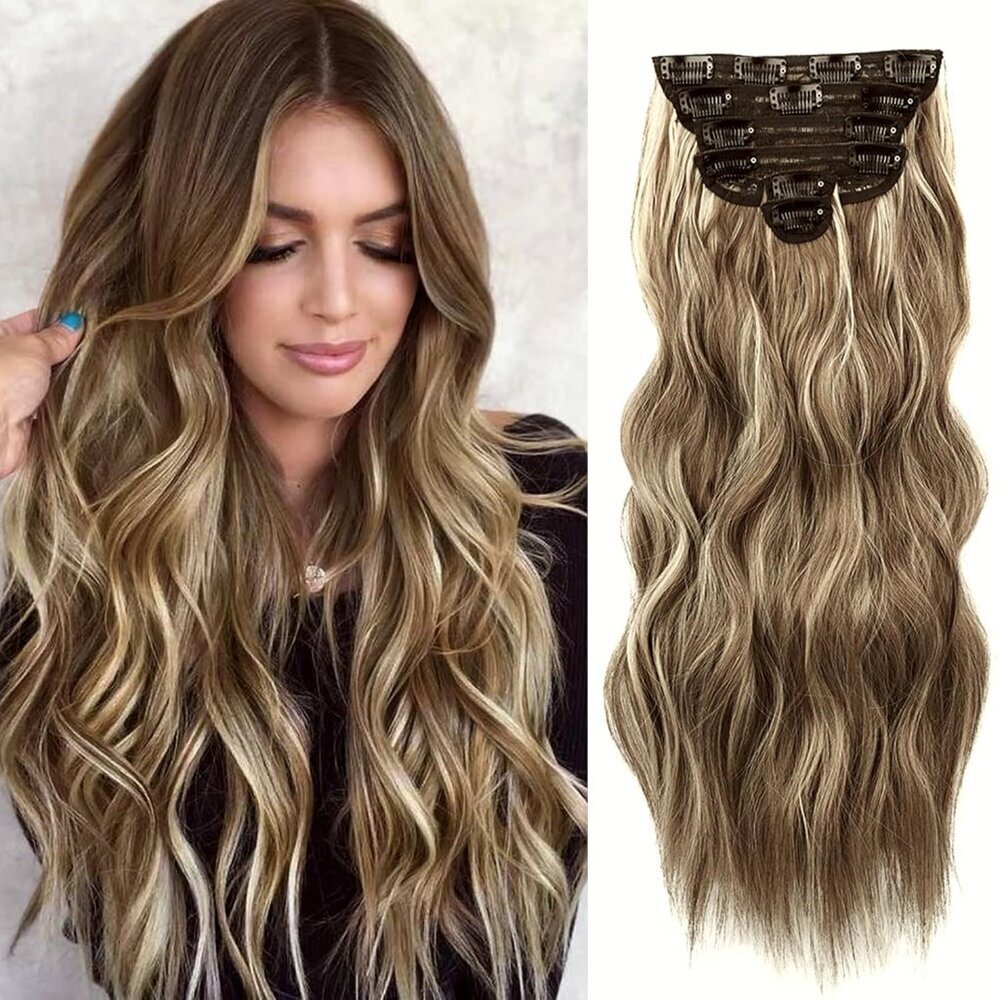Clip in Hair Extensions Synthetic 20 Inch Wavy Curly Medium Brown Blonde